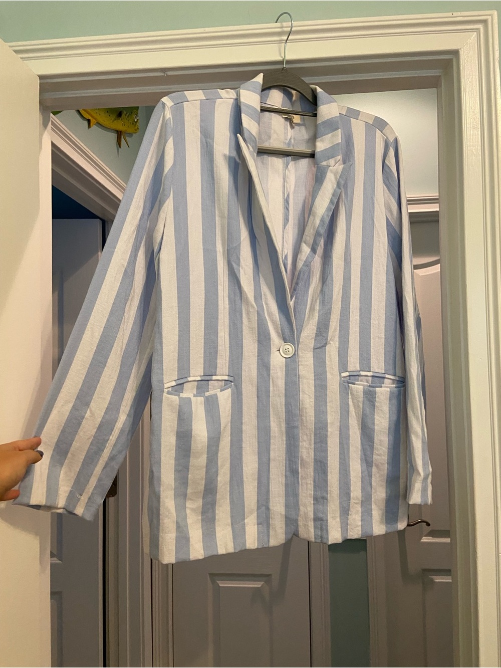 Umgee Striped Light Blue & White Women's Blazer Jacket